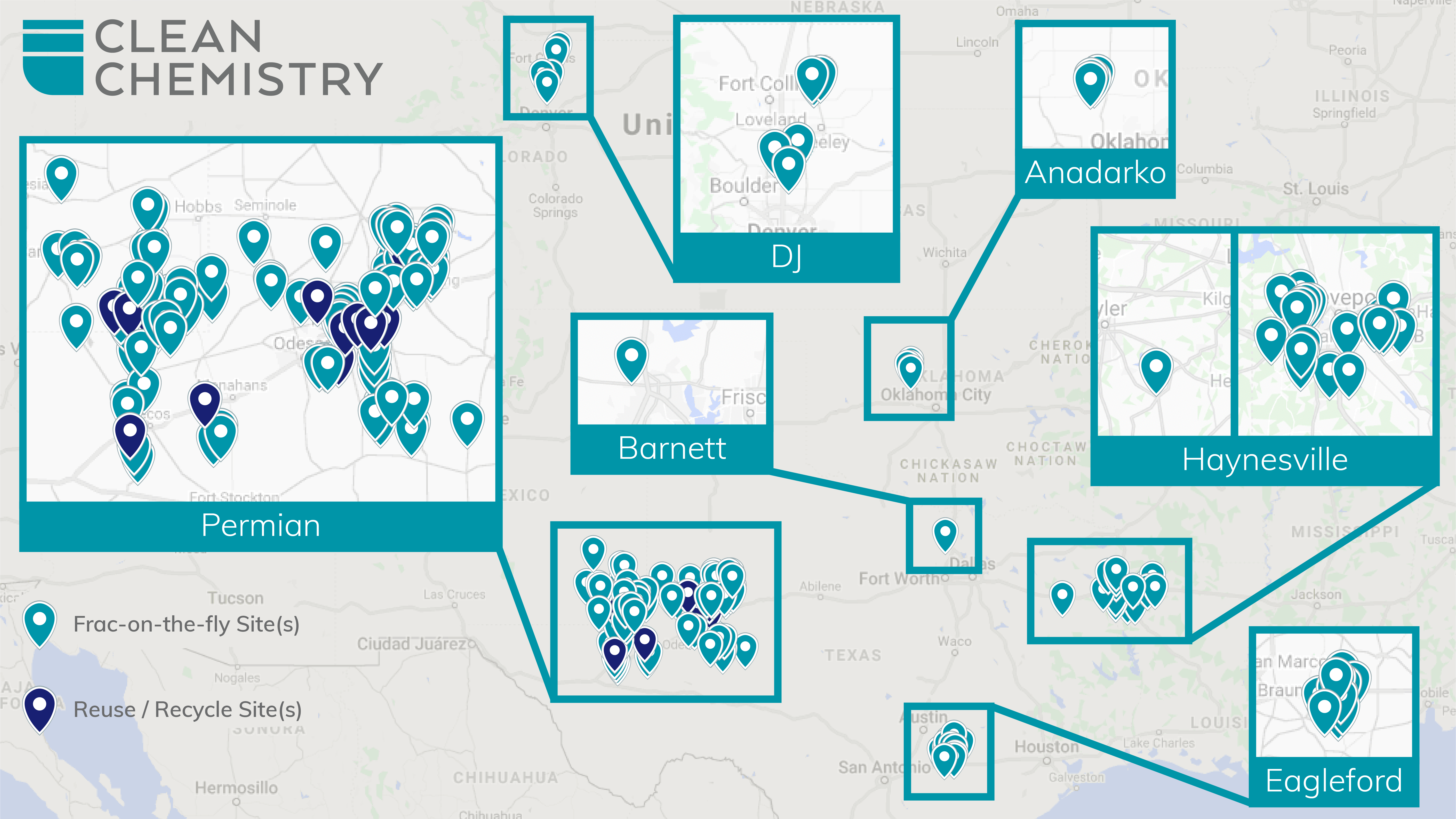 A map shows CCI's extensive oil and gas water treatment experience